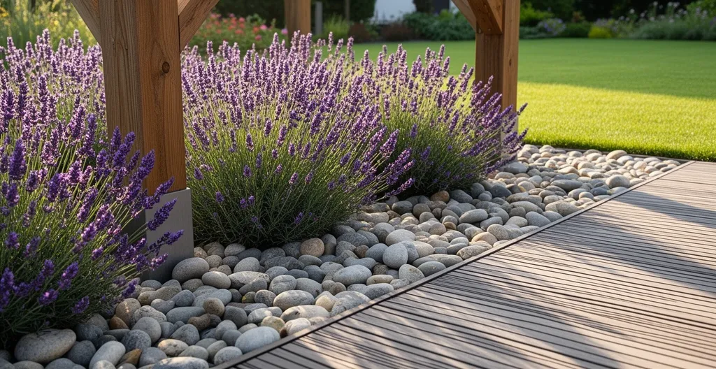 Bordure de plantation avec lavandes et galets au pied d'une pergola
