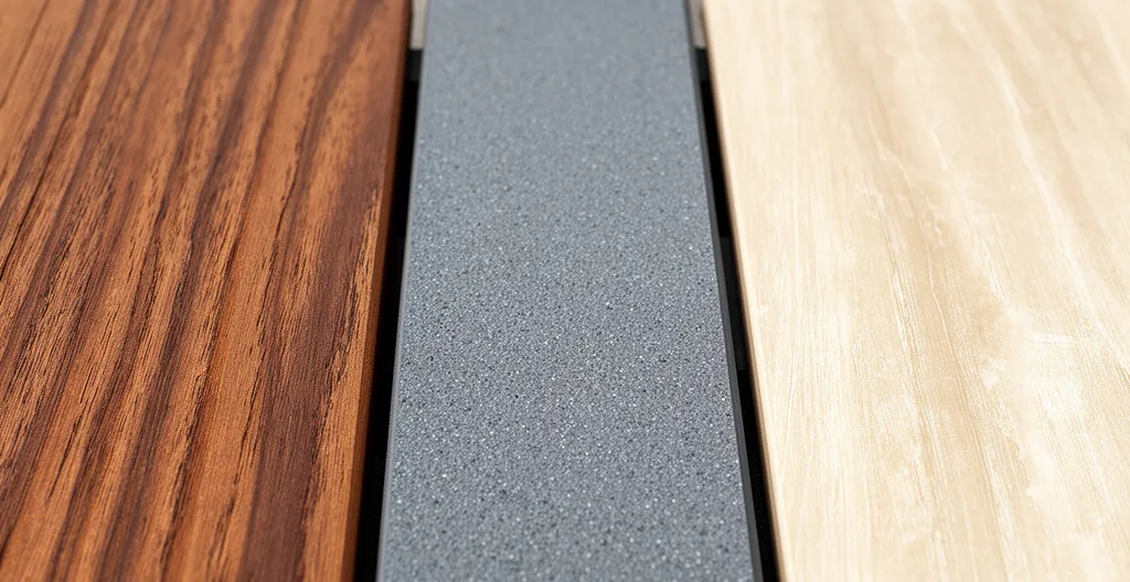 Trois échantillons de lames de terrasse posés côte à côte montrant bois exotique, composite et grès cérame