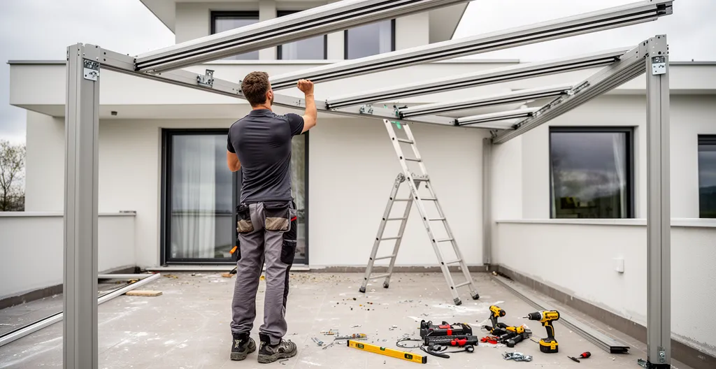 Technicien installant structure pergola aluminium sur terrasse résidentielle