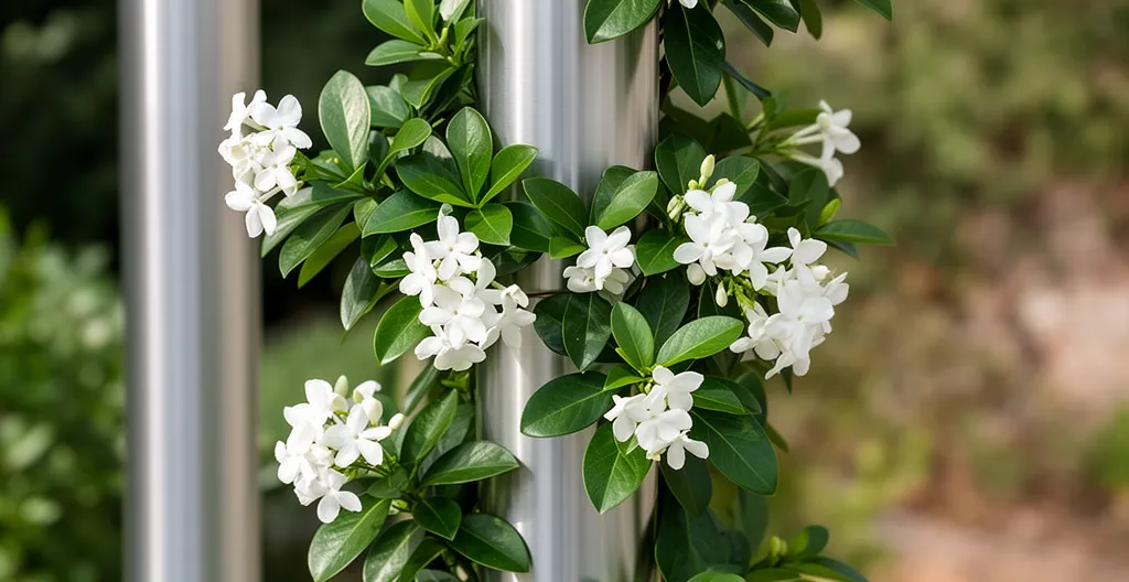 Jasmin étoilé grimpant le long d'un poteau de pergola métallique