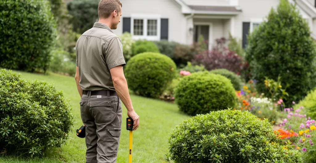 Paysagiste professionnel observant un terrain en pente dans un jardin résidentiel