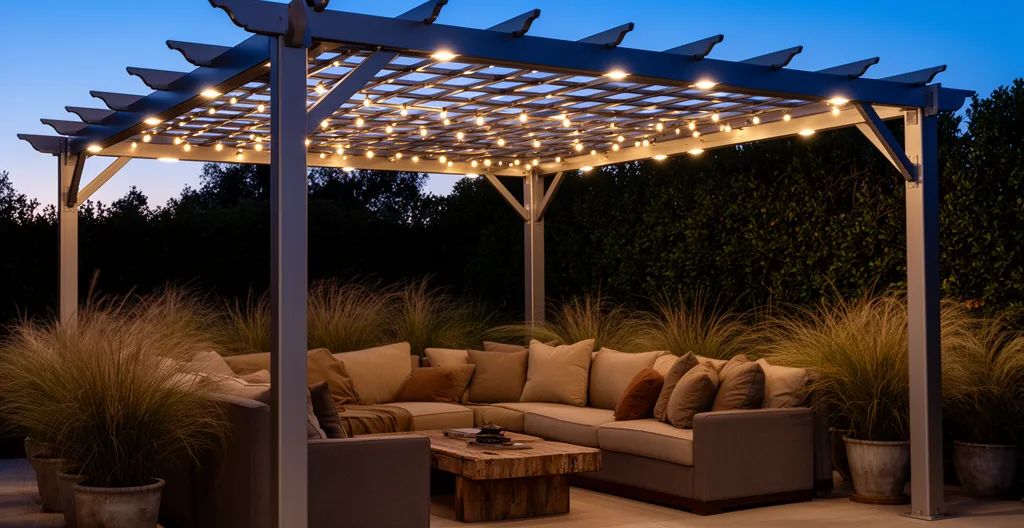 Pergola éclairée en soirée avec guirlandes lumineuses et mobilier de jardin