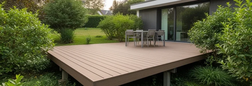 Terrasse en bois composite surélevée sur pilotis dans un jardin résidentiel en pente douce avec végétation naturelle