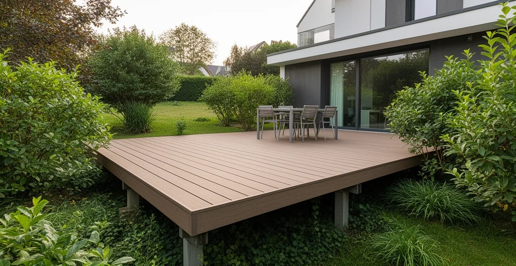Terrasse en bois composite surélevée sur pilotis dans un jardin résidentiel en pente douce avec végétation naturelle