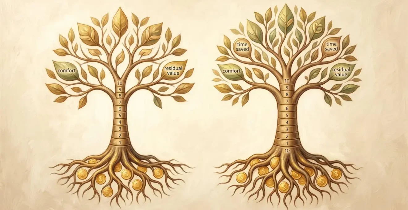 Composition abstraite de deux arbres stylisés représentant la croissance d'un investissement sur 10 ans, avec racines en pièces dorées et branches symbolisant les bénéfices cumulés