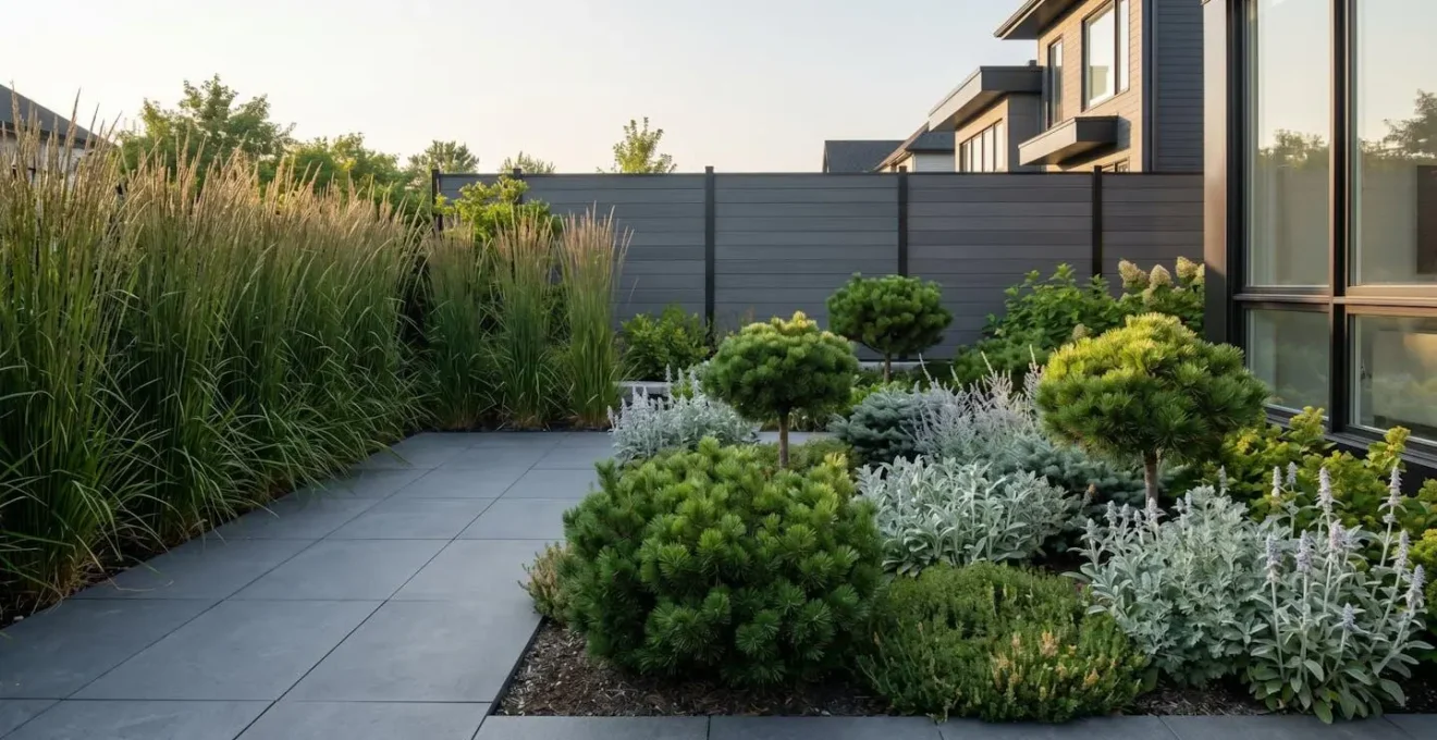 Cour arrière moderne québécoise avec terrasse en dalles grand format grises, graminées ornementales hautes et plate-bande structurée avec conifères nains, clôture horizontale contemporaine
