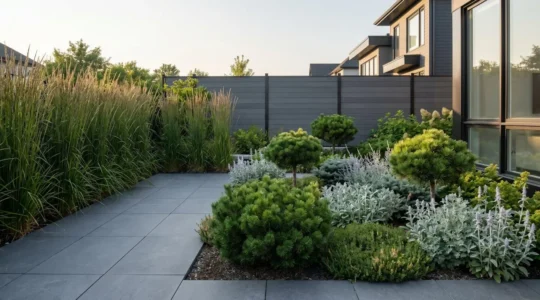 Cour arrière moderne québécoise avec terrasse en dalles grand format grises, graminées ornementales hautes et plate-bande structurée avec conifères nains, clôture horizontale contemporaine