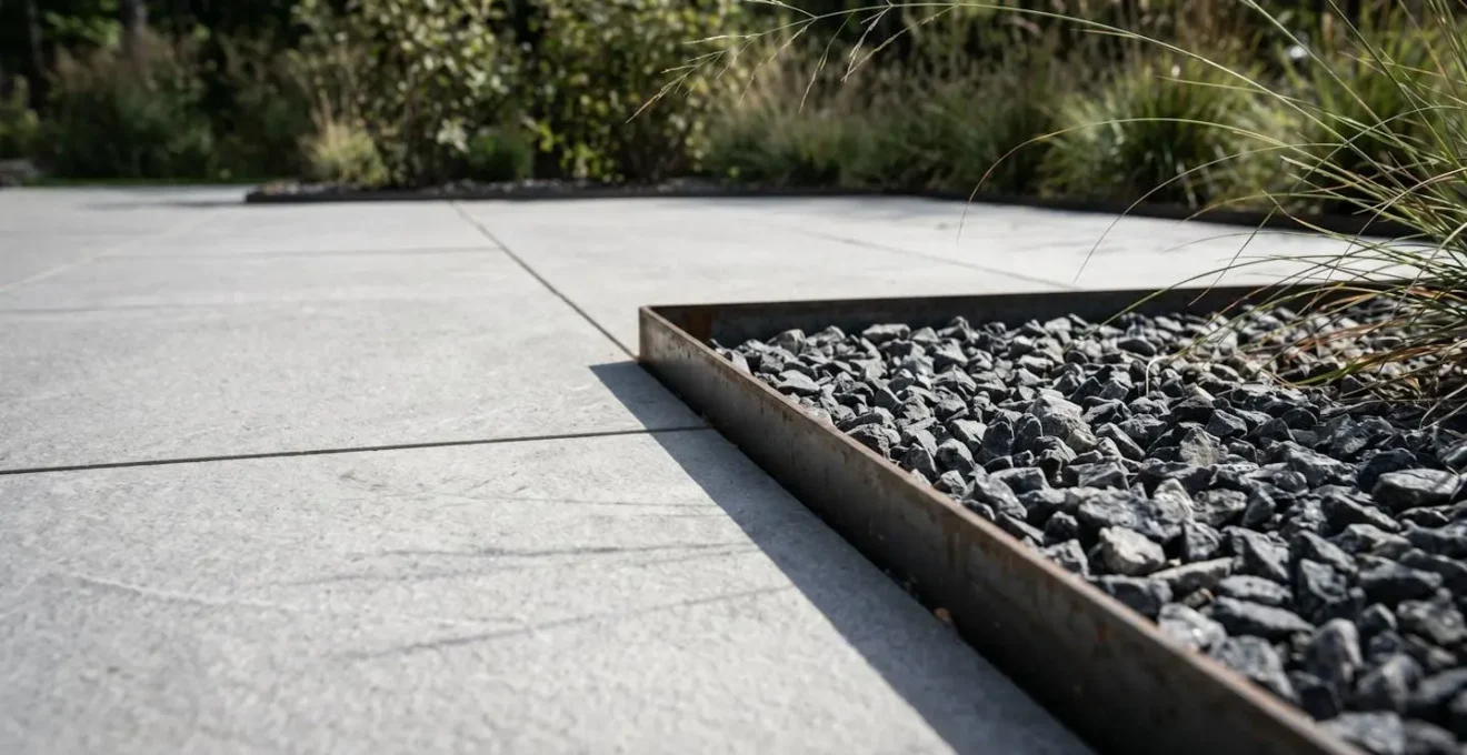 Détail architectural de la jonction entre dalles en porcelaine gris clair à joints minces et zone de gravier anthracite avec bordure métallique, quelques graminées ornementales