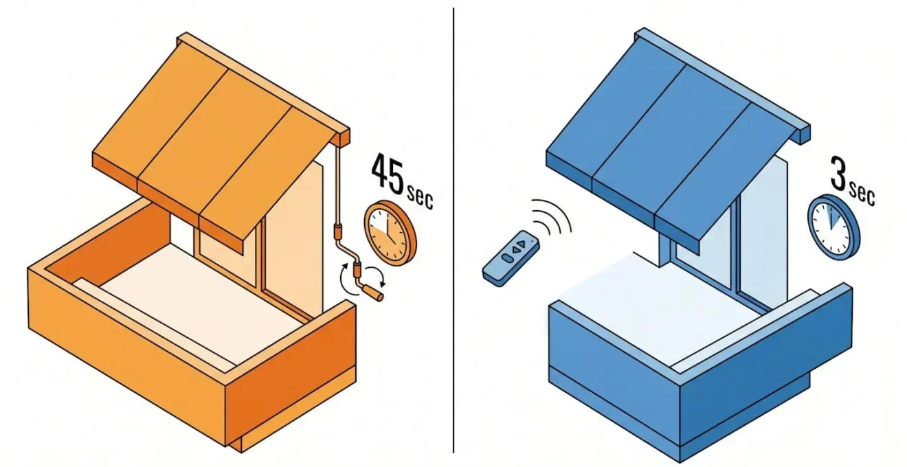 Illustration isométrique comparant deux terrasses identiques : à gauche manivelle avec horloge indiquant 45 secondes, à droite télécommande avec horloge à 3 secondes