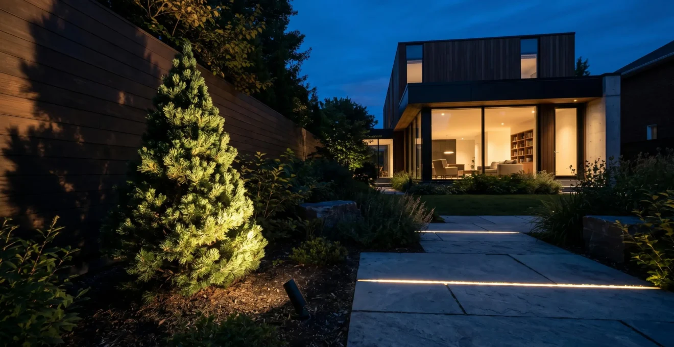 Jardin moderne québécois en ambiance nocturne avec spot LED éclairant conifère nain par le bas créant ombres dramatiques, allée avec LED intégrés dans joints, baie vitrée résidence en arrière-plan