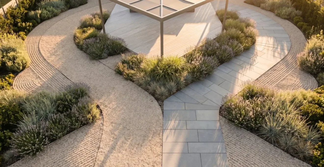 Vue aérienne d'un jardin zen minimaliste avec un chemin se divisant en deux voies symétriques, l'une en gravier clair, l'autre en dalles grises modernes, convergeant vers une terrasse ombragée