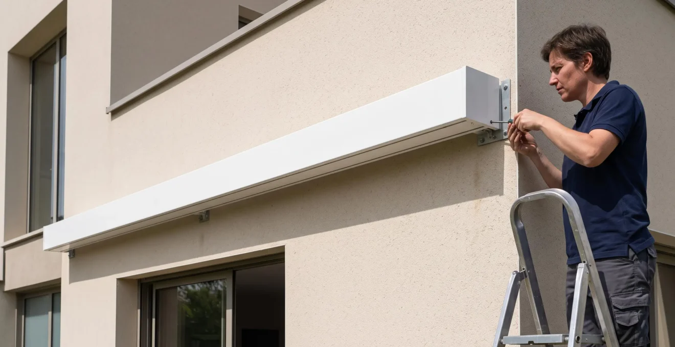 Coffre intégral blanc d'un store banne en position fermée fixé sur façade crépi beige, vue de profil montrant le boîtier compact et les supports métalliques, technicien sur échelle vérifiant une fixation