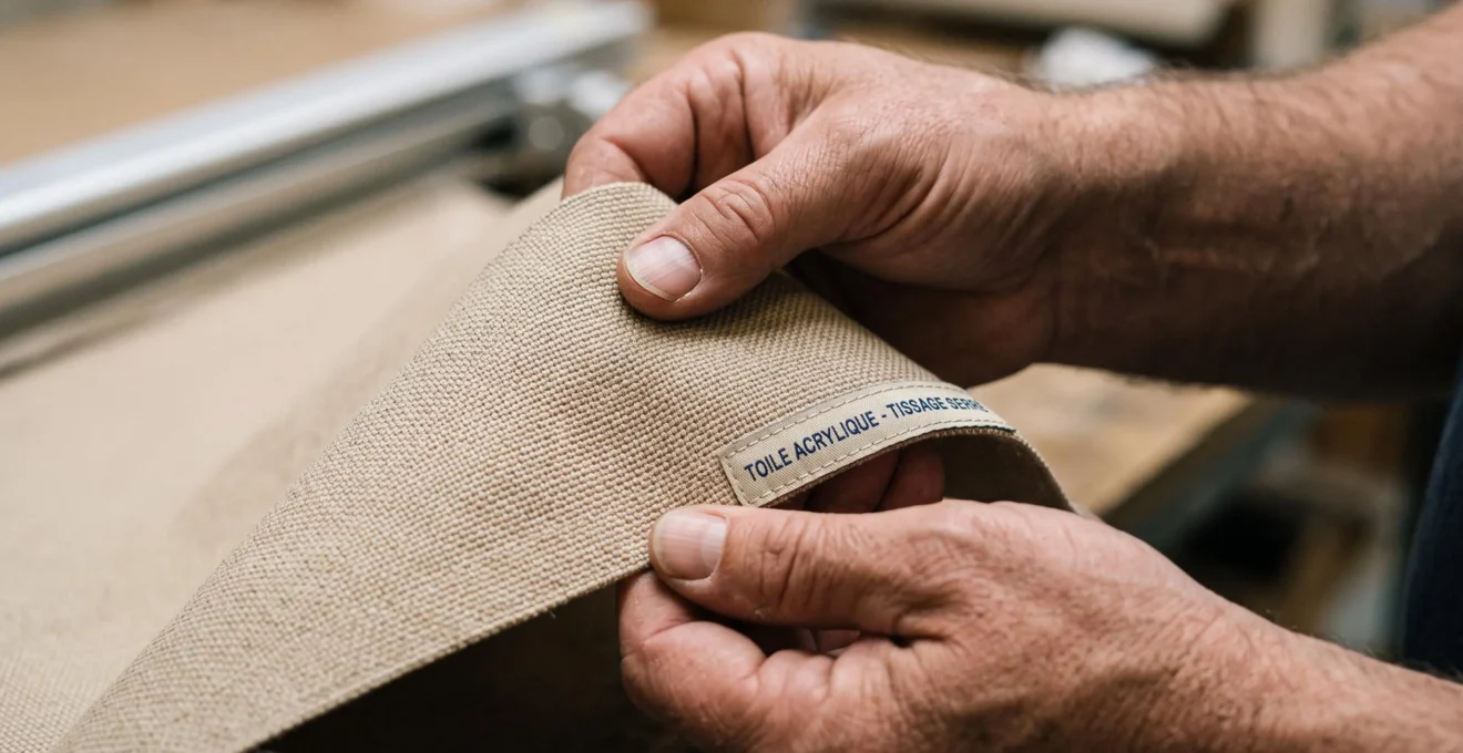 Gros plan macro sur toile acrylique beige de store banne montrant le tissage serré et la texture mate des fibres, mains d'un professionnel tenant un coin du tissu