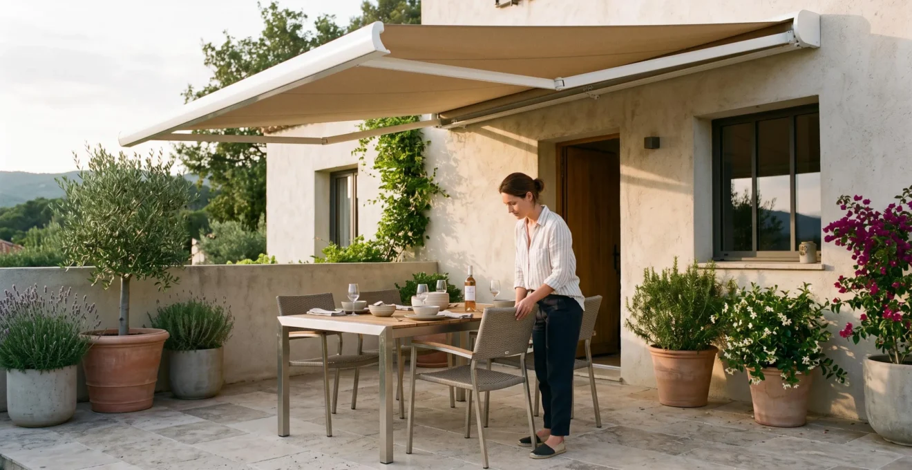 Store banne coffre intégral blanc déployé au-dessus d'une terrasse contemporaine française avec mobilier d'extérieur moderne, toile beige tendue créant une zone d'ombre, personne debout ajustant le mobilier, lumière naturelle d'après-midi