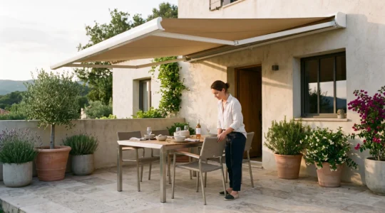 Store banne coffre intégral blanc déployé au-dessus d'une terrasse contemporaine française avec mobilier d'extérieur moderne, toile beige tendue créant une zone d'ombre, personne debout ajustant le mobilier, lumière naturelle d'après-midi