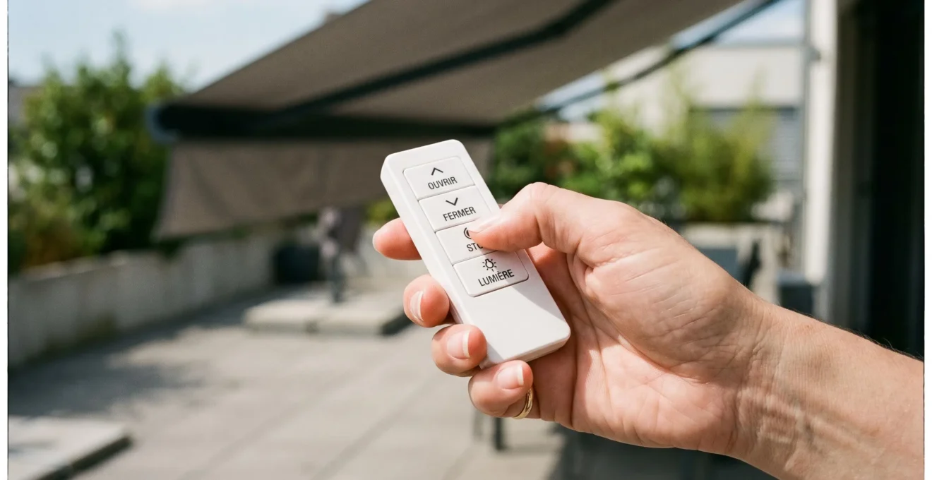 Main féminine tenant une télécommande radio blanche pour store banne motorisé, pouce appuyant sur le bouton central, terrasse lumineuse en arrière-plan flou